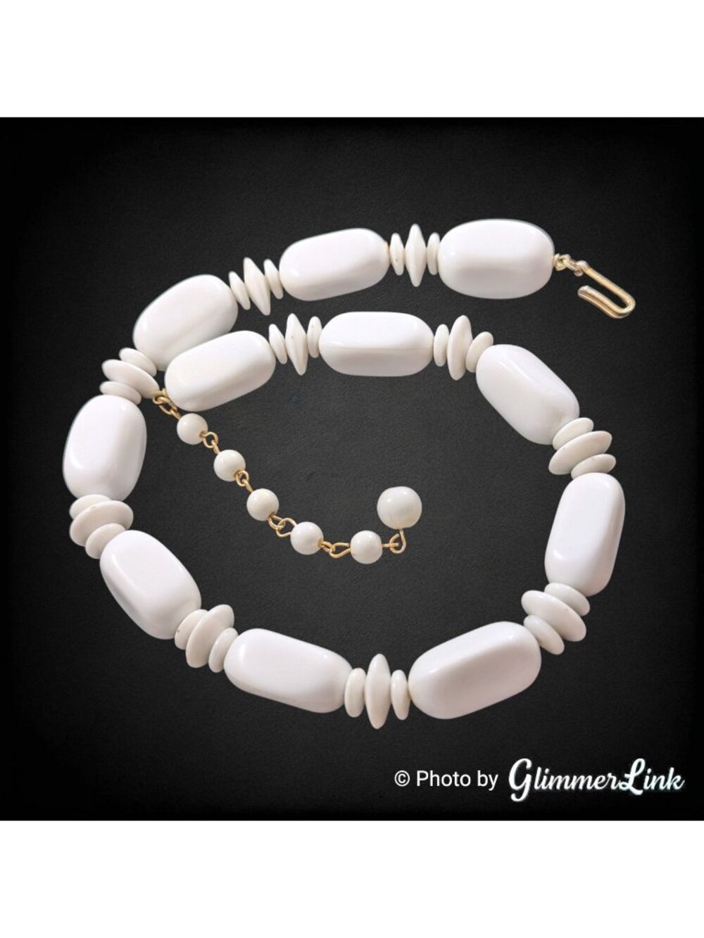 Vintage Trifari White Plastic Beaded Choker Necklace Mid Century 14 Inch